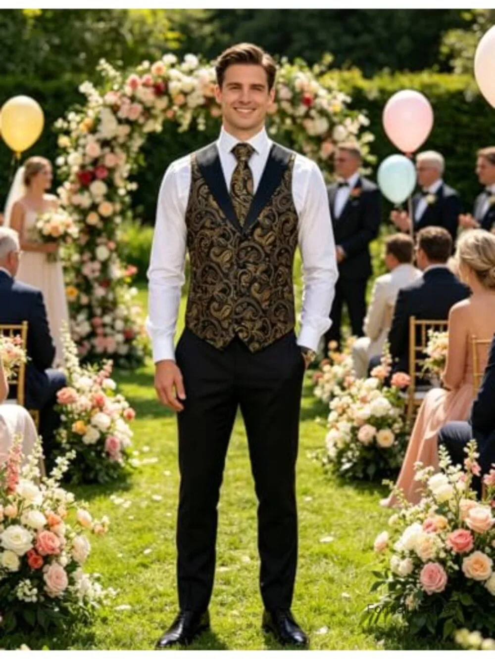 Mens Paisley Suit Vest Set 7 Piece Silk Jacquard Shawl Collar Formal Wedding